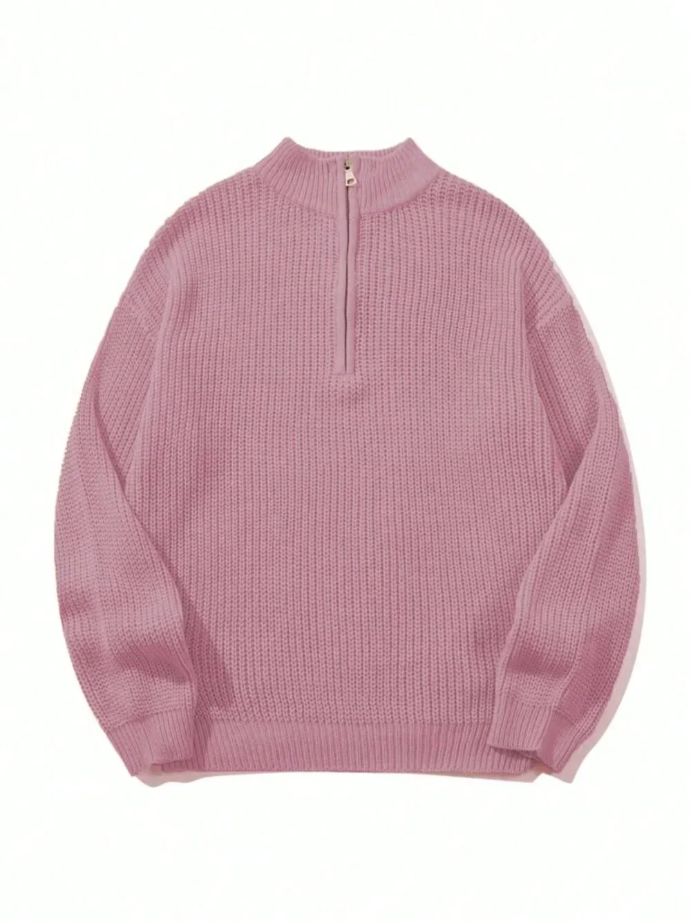 Light Pink Casual Womens Ribbed Loose Stand Collar Half-Placket Pullover Sweater